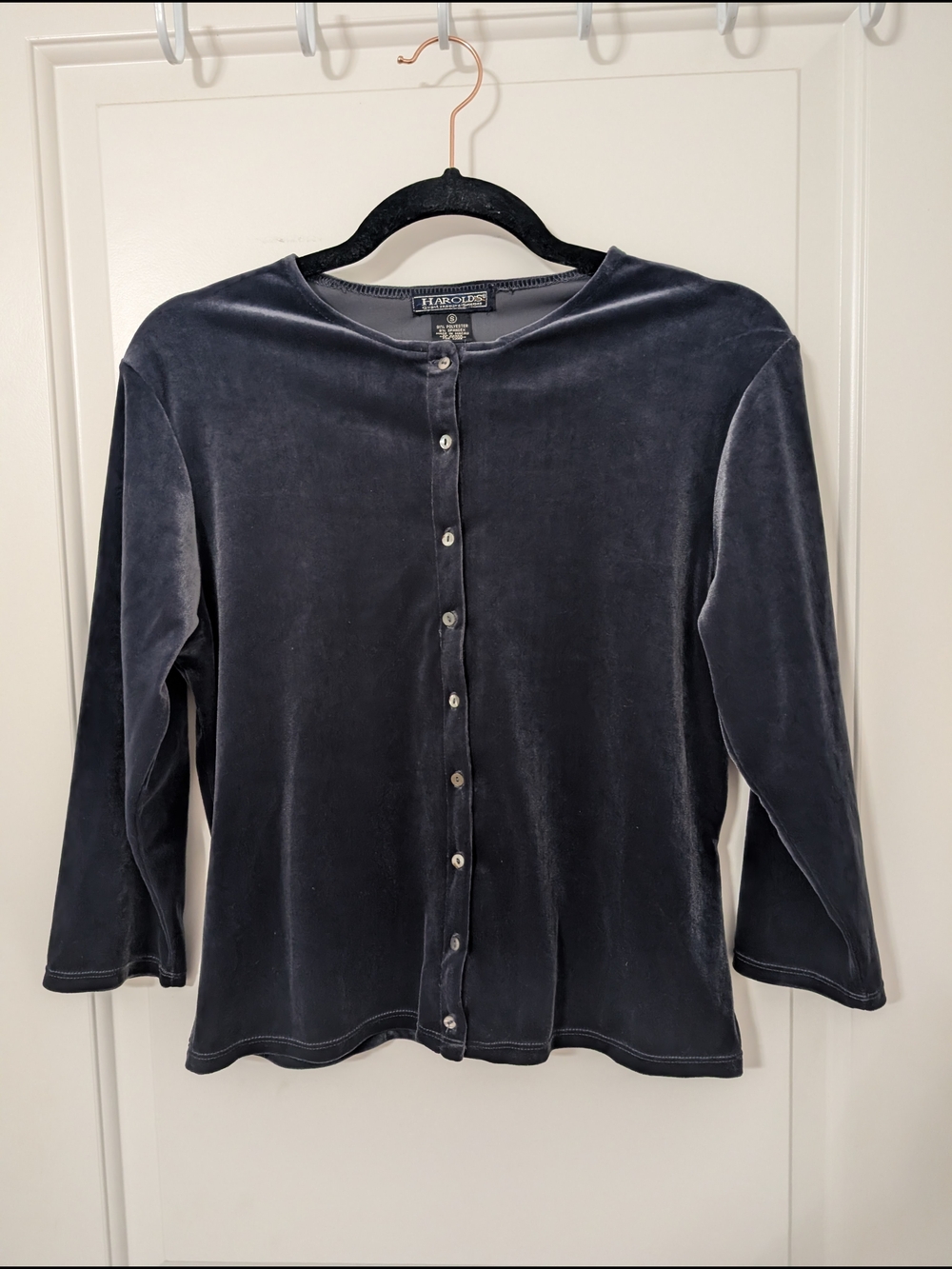 Vintage Harold's Blue Velvet Cardigan Top S 90s Button Front Preppy